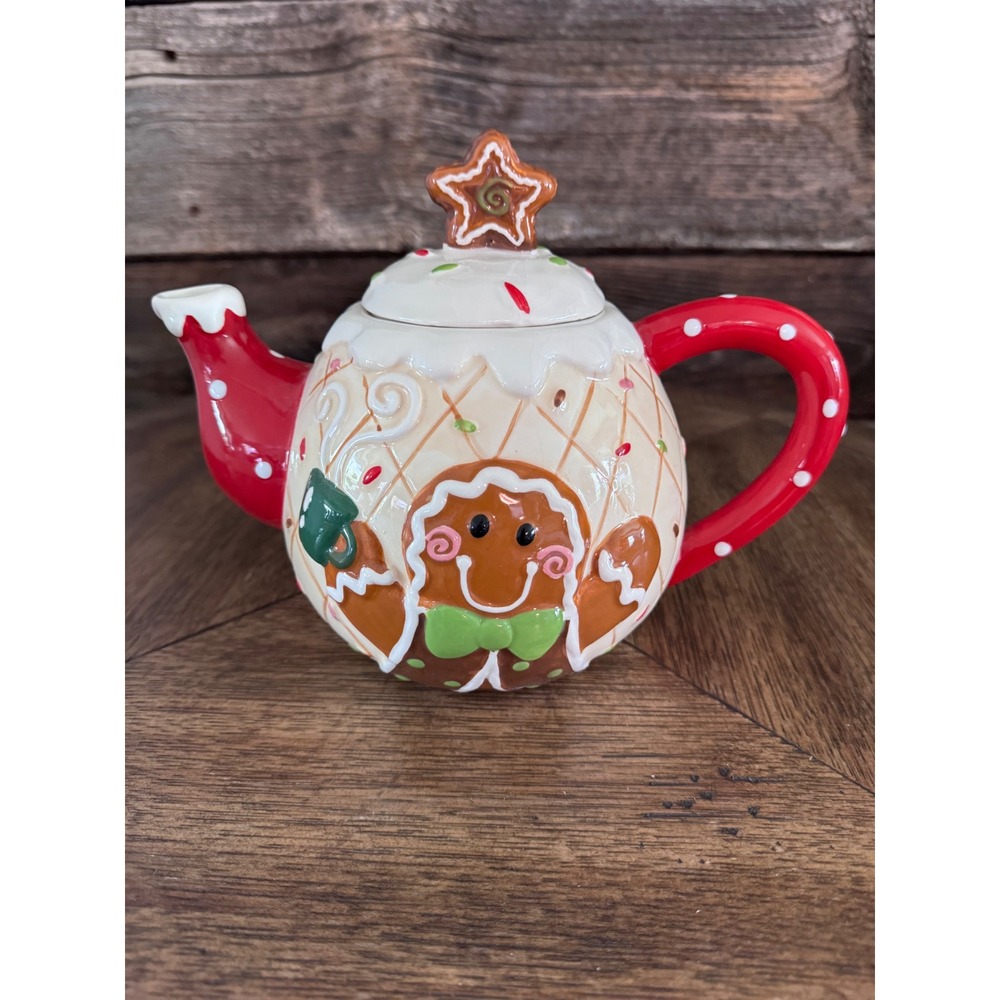 Holiday Gingerbread Man Ceramic Teapot Red Polka Dot Christmas Decor 8in
